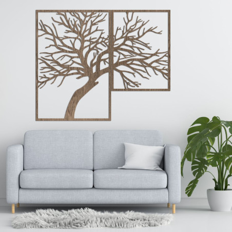 Dvojdielny obraz zobrazuje elegantný strom s detailne vyrezávanými vetvami, vytvorený v teplých drevených tónoch.