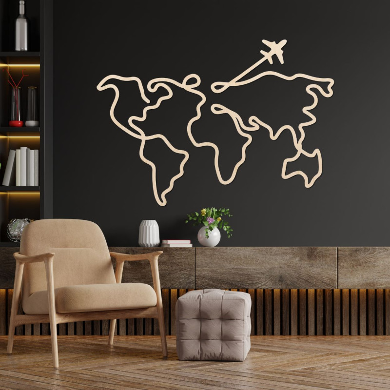 Nástenná drevená mapa sveta s detailmi a motívom cestovania