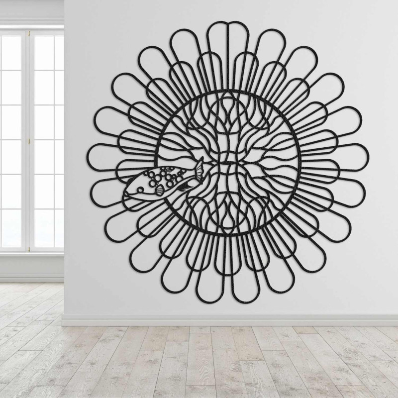 Vyrezávaný 3D obraz mandala ryba štvorzubec z čiernej HDF dosky