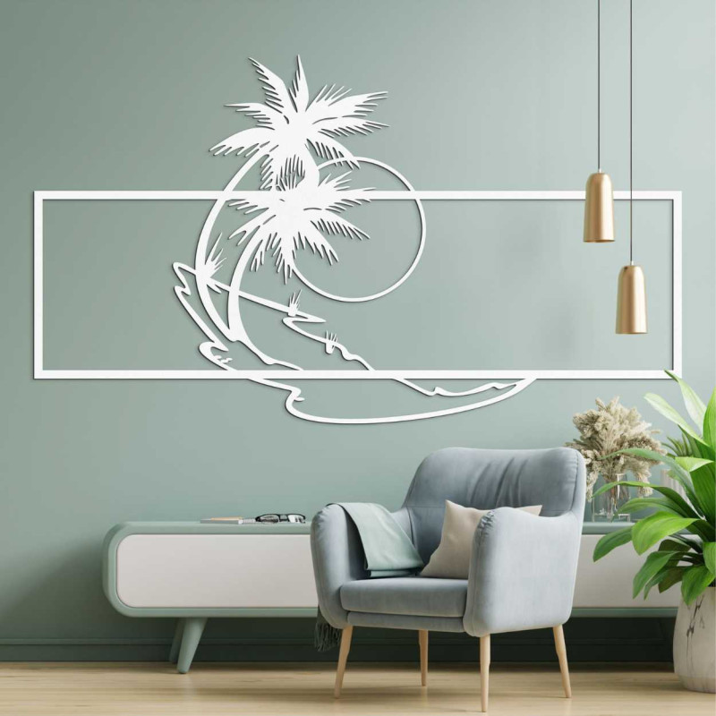 Drevená dekorácia s motívom palmy a pláže pôsobí minimalisticky, no zároveň prináša nádych exotiky do interiéru.