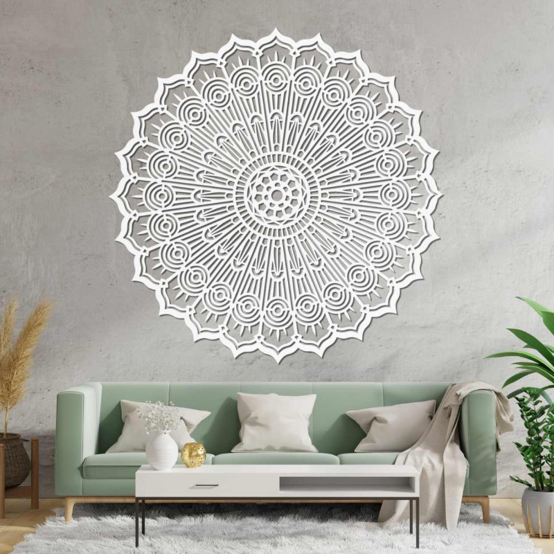 Drevený kruhový obraz Mandala, vyrezávaný laserom. Precízna geometrická dekorácia na stenu, hnedá.