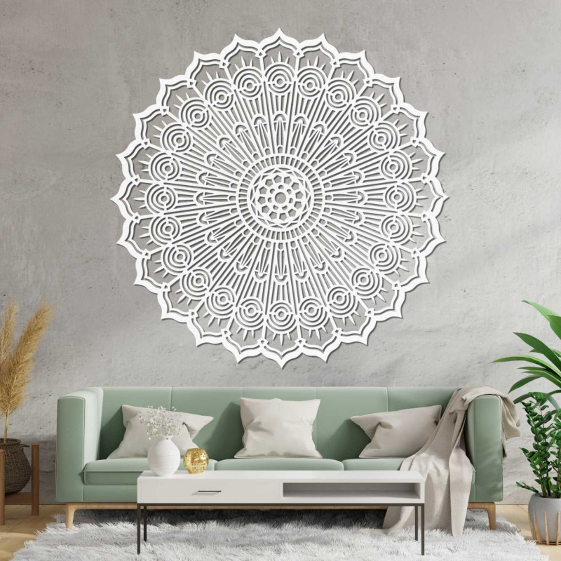 Moderná 3D mandala z dreva na stenu s precíznym výrezom. Štýlová dekorácia do obývačky pre útulný a vizuálne vyvážený interiér.