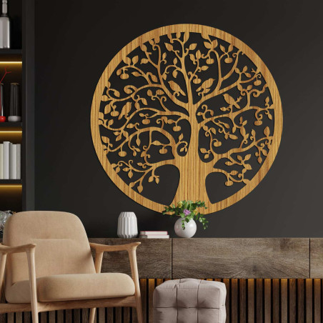 3D drevený výrez stromu s vtákmi – elegantný interiérový obraz, dub bronz.