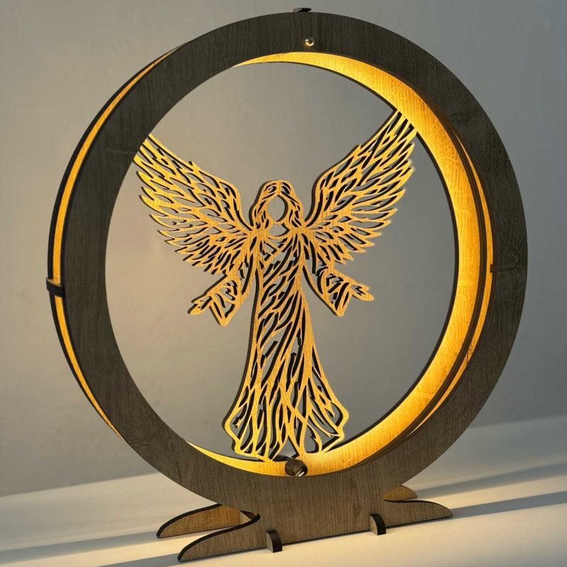 Elegantná drevená LED lampa anjel s teplým podsvietením