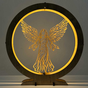 Elegantná drevená LED lampa anjel s teplým podsvietením