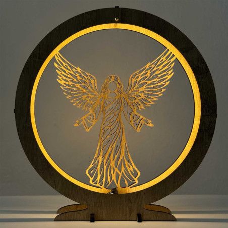 Elegantná drevená LED lampa anjel s teplým podsvietením