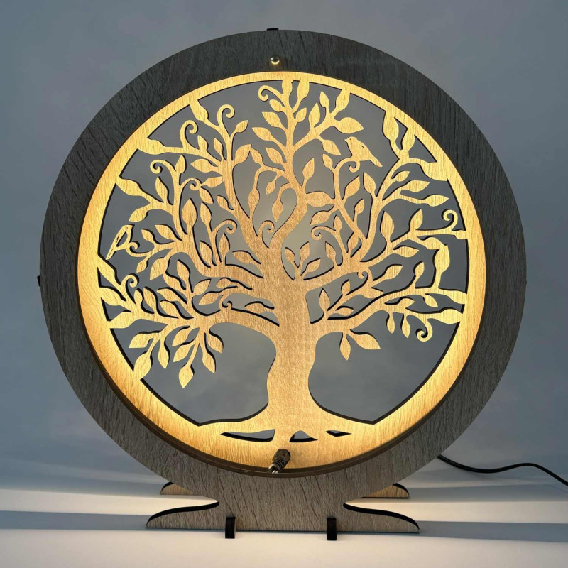 LED lampa Strom života z dreva s teplým podsvietením na stolík