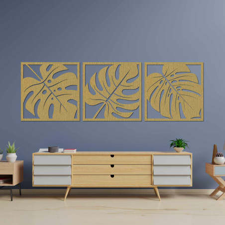 Elegantný trojdielny obraz Monstera z dreva do moderného interiéru