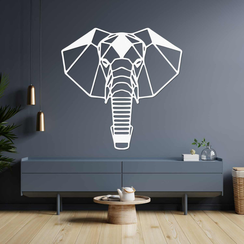 Drevený slon na stenu s originálnym geometrickým dizajnom a detailmi