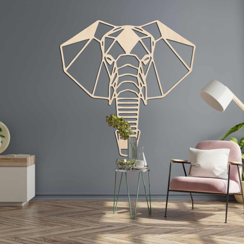 Drevený slon na stenu s originálnym geometrickým dizajnom a detailmi