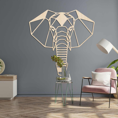 Drevený slon na stenu s originálnym geometrickým dizajnom a detailmi