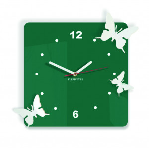 Moderné nástenné hodiny z plastu-Motýle, Farba:tmavá zelená,biela, Rozmer: 30x30 cm