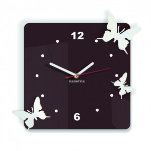 Moderné nástenné hodiny z plastu-Motýle, Farba:tmavá hnedá,biela, Rozmer: 30x30 cm