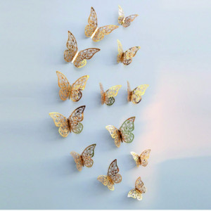 Štýlová samolepka na stenu-zlatý motýľ, 1 sada - 12ks GOLD