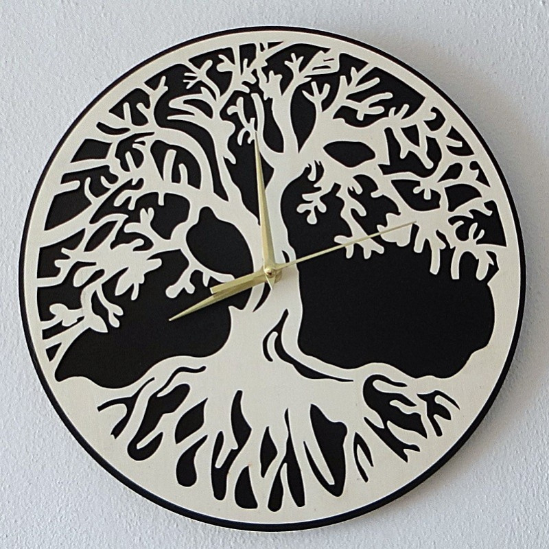 Nástenné hodiny strom života materiál preglejka topoľ a čierna MDF