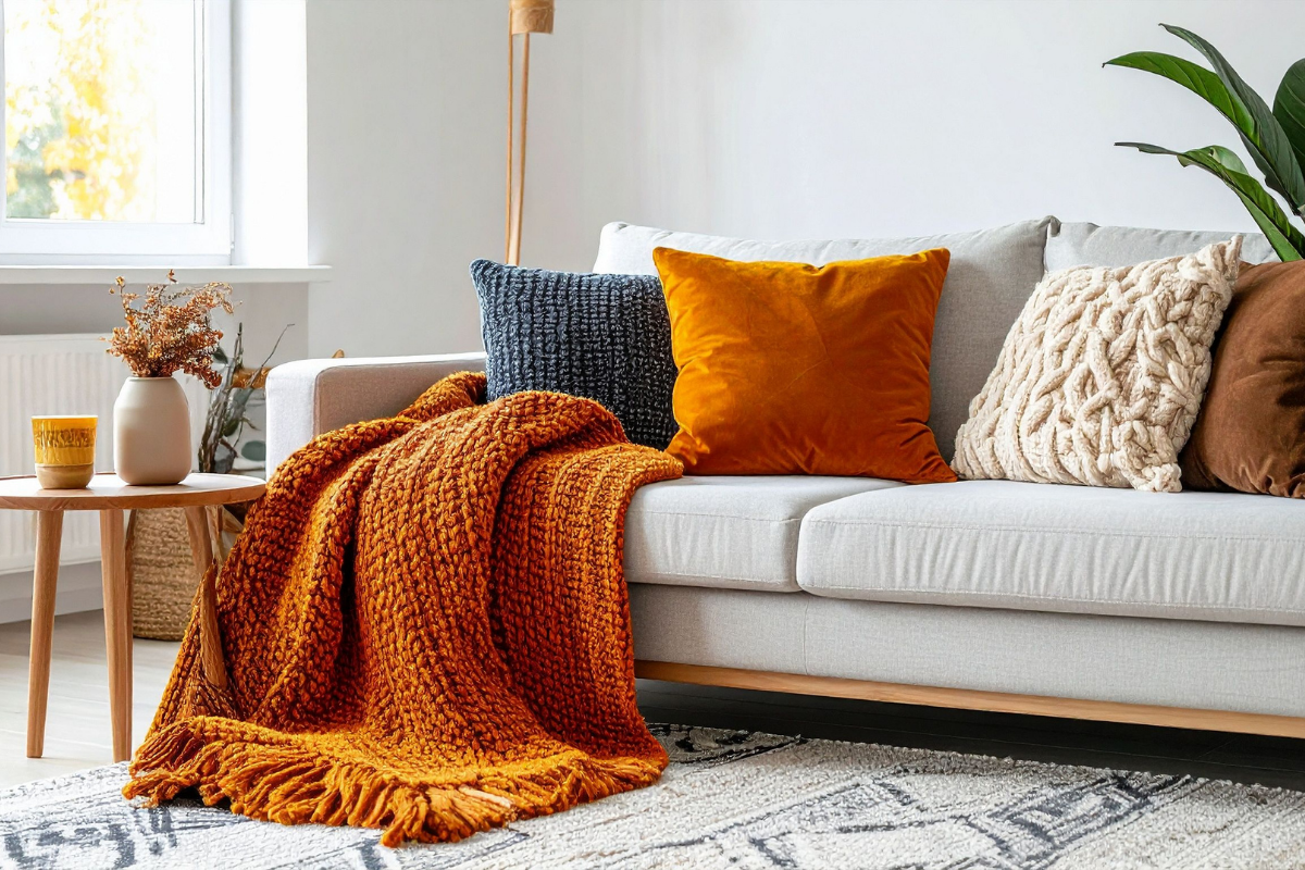 Aj vankúše či deka v teplých farbách dokážu vytvoriť tú správnu jesennú atmosféru